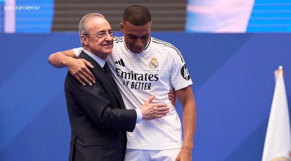 Kylian Mbappe is welcomed to the Santiago Bernabeu by Florentino Perez